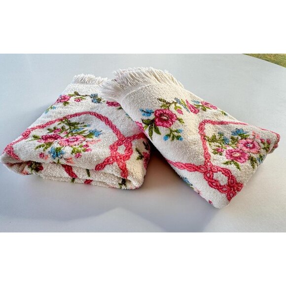 Vintage 70s bath towels, pink floral arabesques beige, fringed, for the pair - Picture 8 of 9